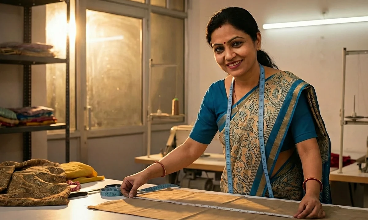 Smiling Indian Woman Tailor Measuring Fabric in Workshop Description: A warm photograph of a smiling female entrepreneur in India, measuring fabric in her small garment workshop. She wears a blue blouse and patterned saree, surrounded by sewing machines and textiles. Keywords: Indian woman tailor, female entrepreneur India, garment workshop, measuring fabric, small business owner, textile work, sewing machines, women empowerment, bespoke tailoring, India.